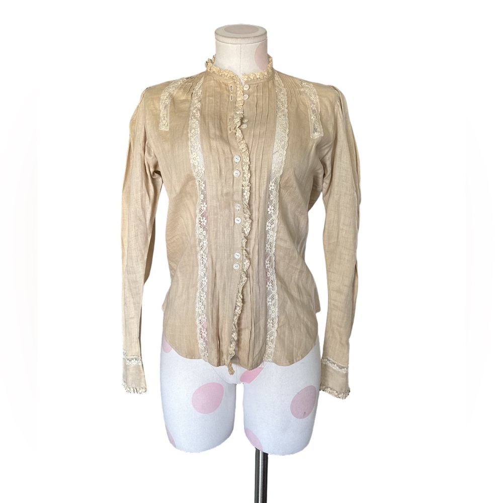 Victorian Prairie Cottagecore Linen Lace Blouse – Beige – S - Picture 3 of 11